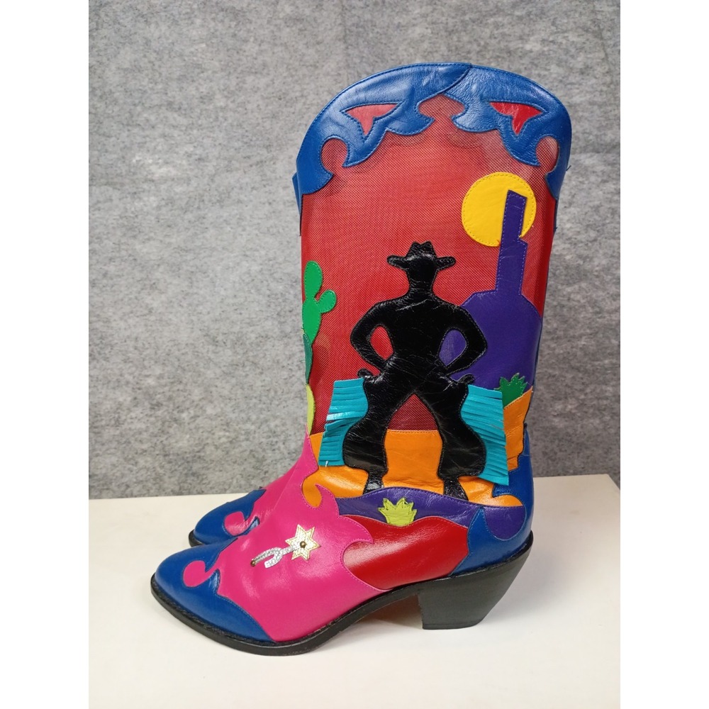 Zalo Womens 8.5 M Sunset Mesh Western Cowboy Boots Colorful Leather Vibrant VTG - Picture 7 of 16